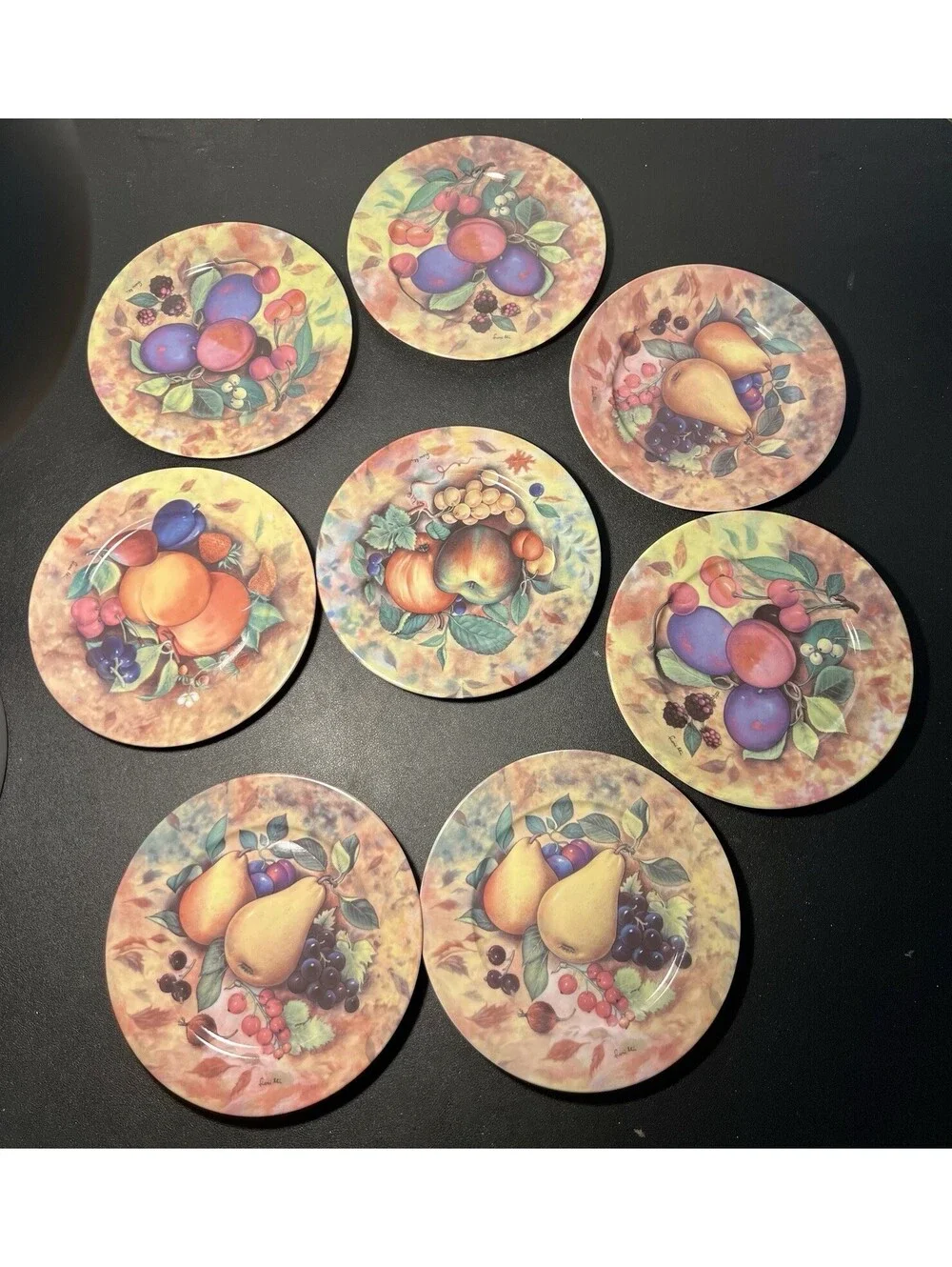 Godinger Email de Limoges 1980s 8 Fruit Salad Plates Hand Painted Marino, 7.5”
